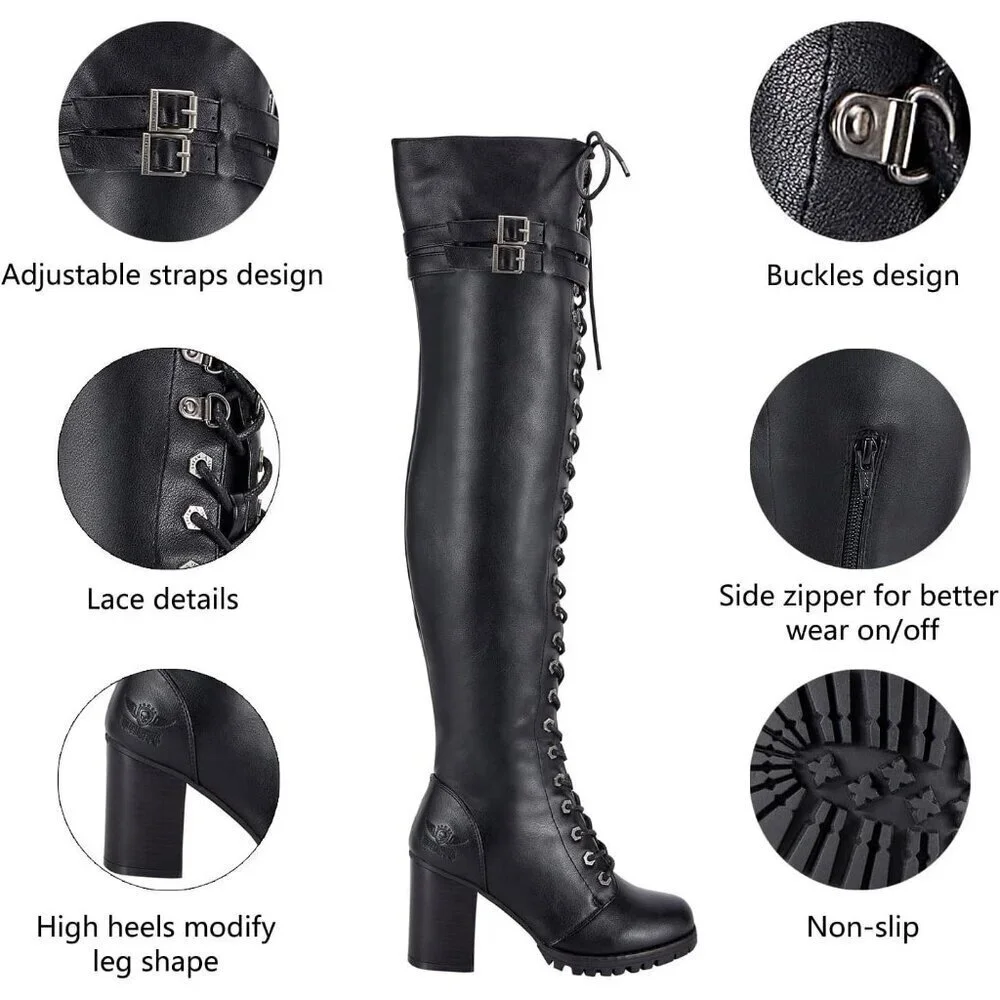 Women's Black Over The Knee Zip Buckle Soft Thigh High Lace Up Tall Boots